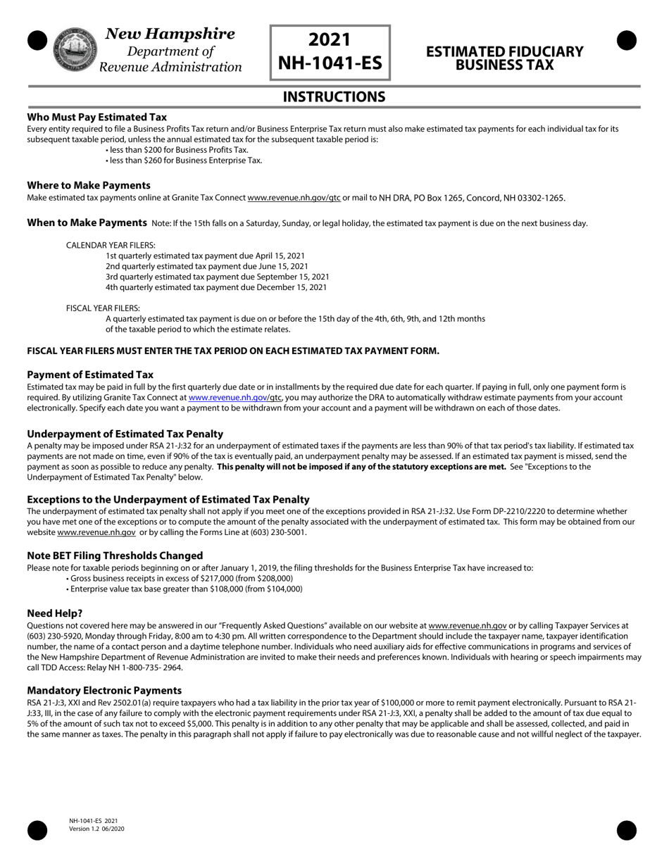 Form NH-1041-ES Estimated Fiduciary Business Tax - New Hampshire, Page 4