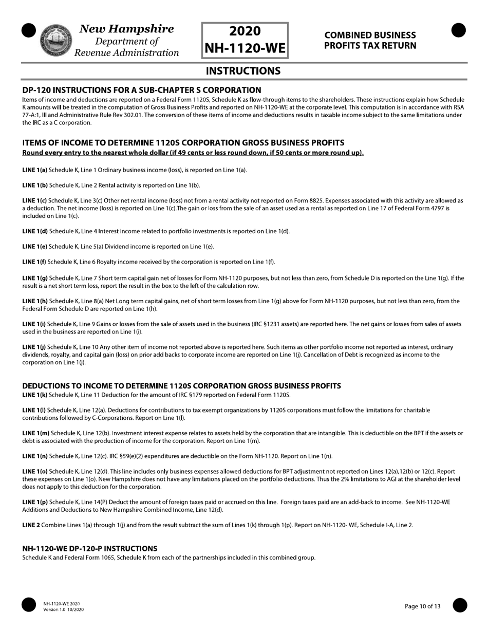 Instructions for Form NH-1120-WE Combined Business Profits Tax Return - New Hampshire, Page 10