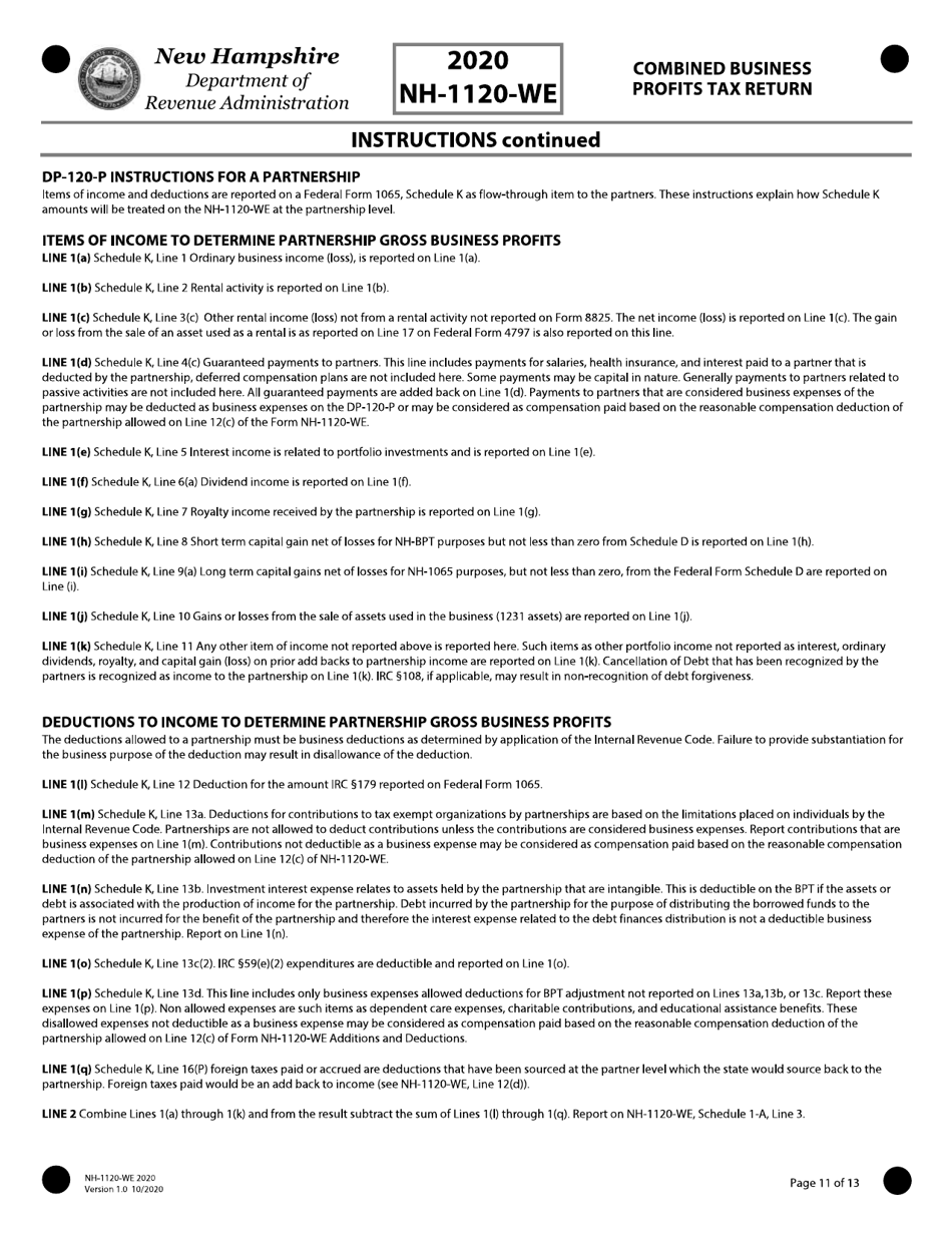 Instructions for Form NH-1120-WE Combined Business Profits Tax Return - New Hampshire, Page 11