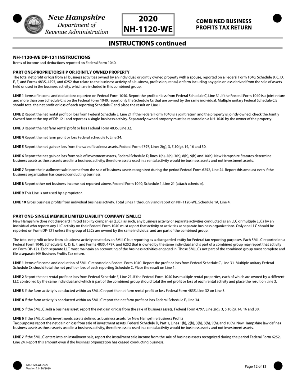 Instructions for Form NH-1120-WE Combined Business Profits Tax Return - New Hampshire, Page 12
