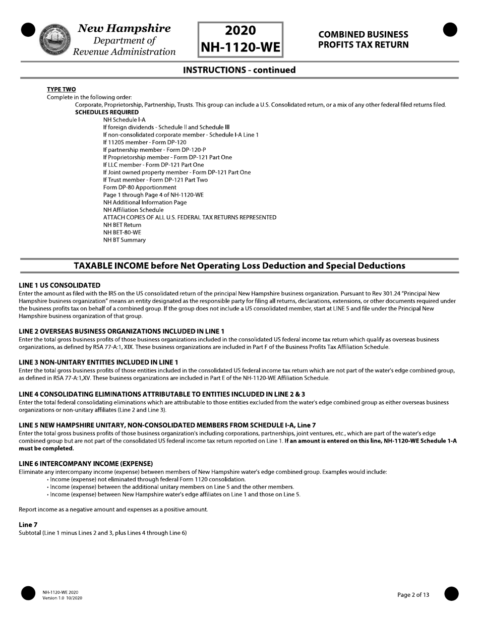 Instructions for Form NH-1120-WE Combined Business Profits Tax Return - New Hampshire, Page 2