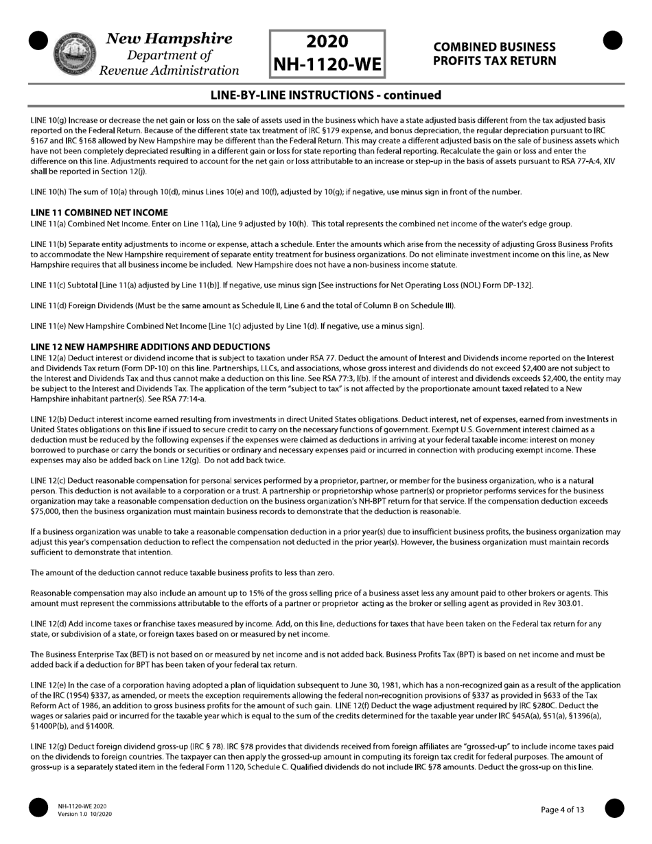 Instructions for Form NH-1120-WE Combined Business Profits Tax Return - New Hampshire, Page 4