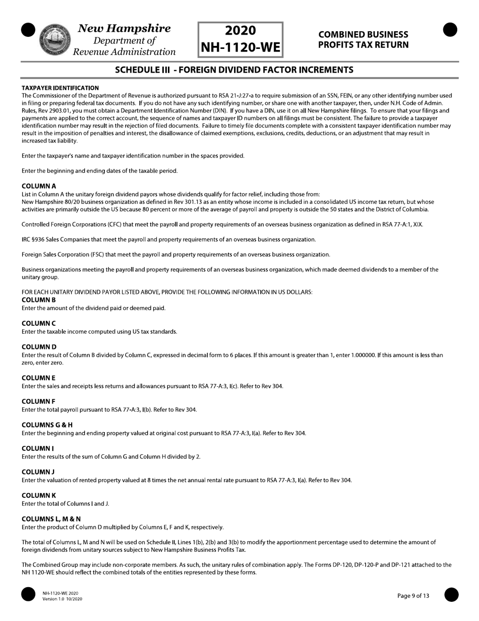 Instructions for Form NH-1120-WE Combined Business Profits Tax Return - New Hampshire, Page 9
