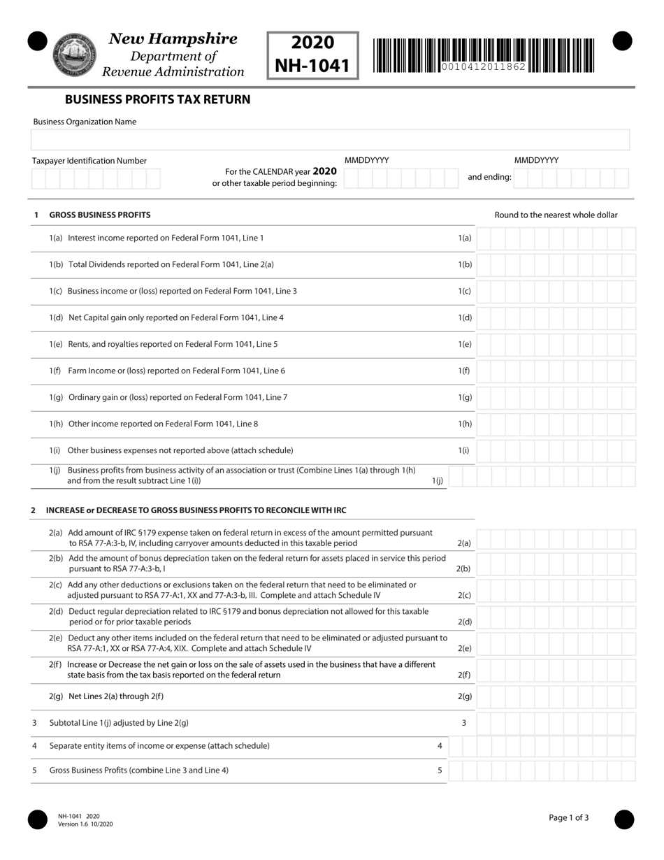 Form NH-1041 Business Profits Tax Return - New Hampshire, Page 1