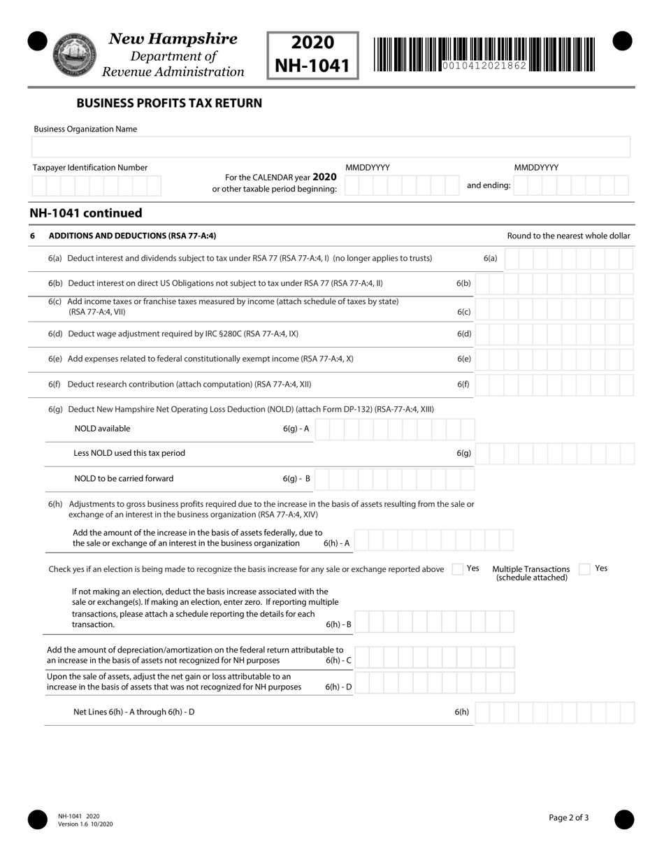 Form NH-1041 Business Profits Tax Return - New Hampshire, Page 2