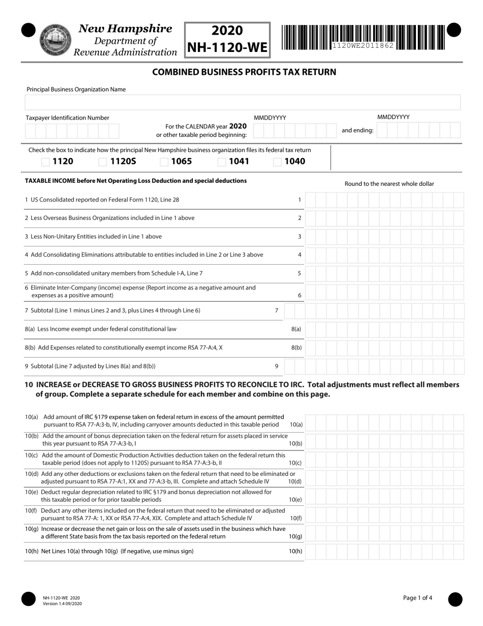 Form NH-1120-WE Combined Business Profits Tax Return - New Hampshire, Page 1