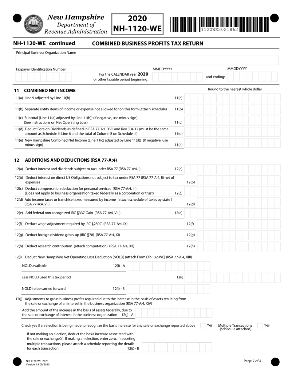 Form NH-1120-WE Combined Business Profits Tax Return - New Hampshire, Page 2