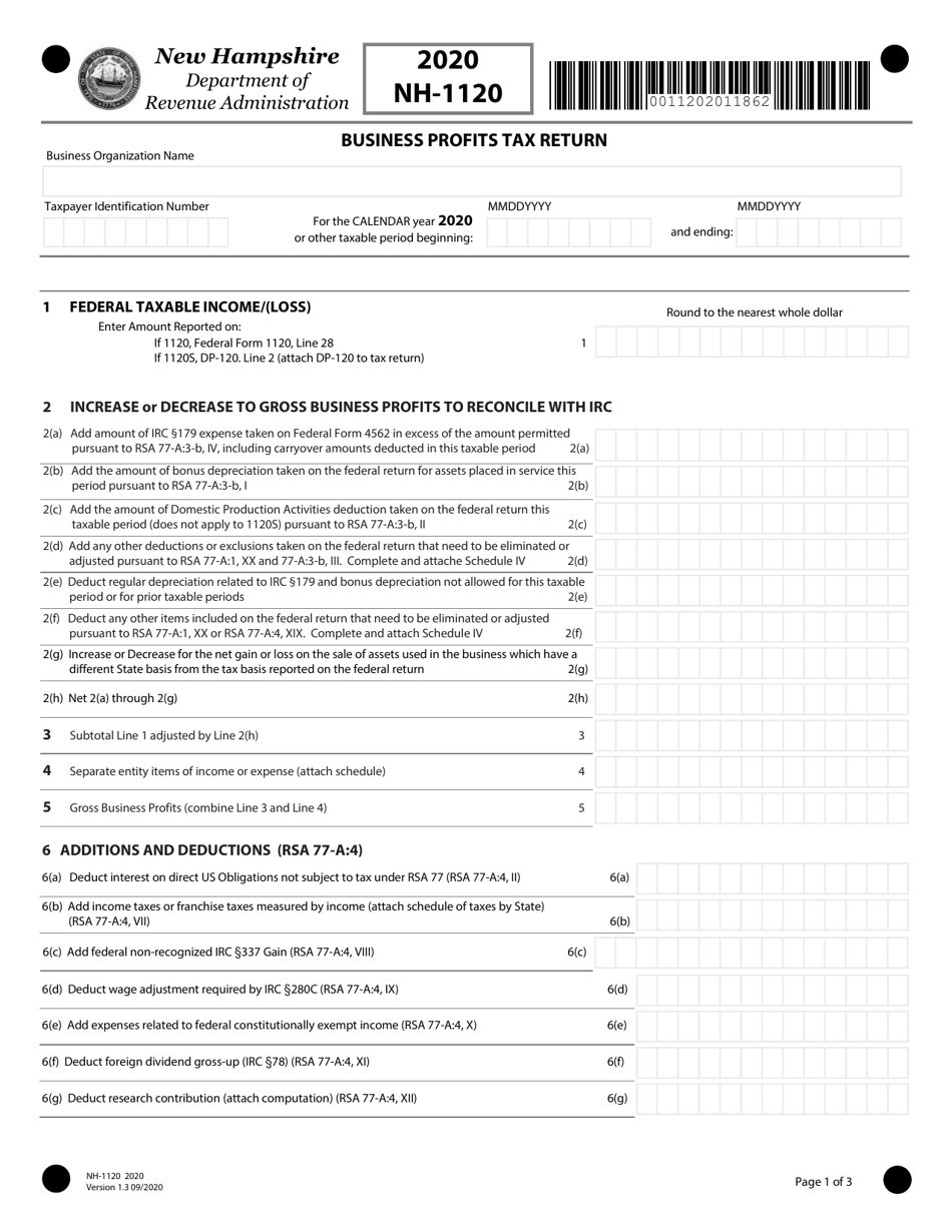 Form NH-1120 Business Profits Tax Return - New Hampshire, Page 1