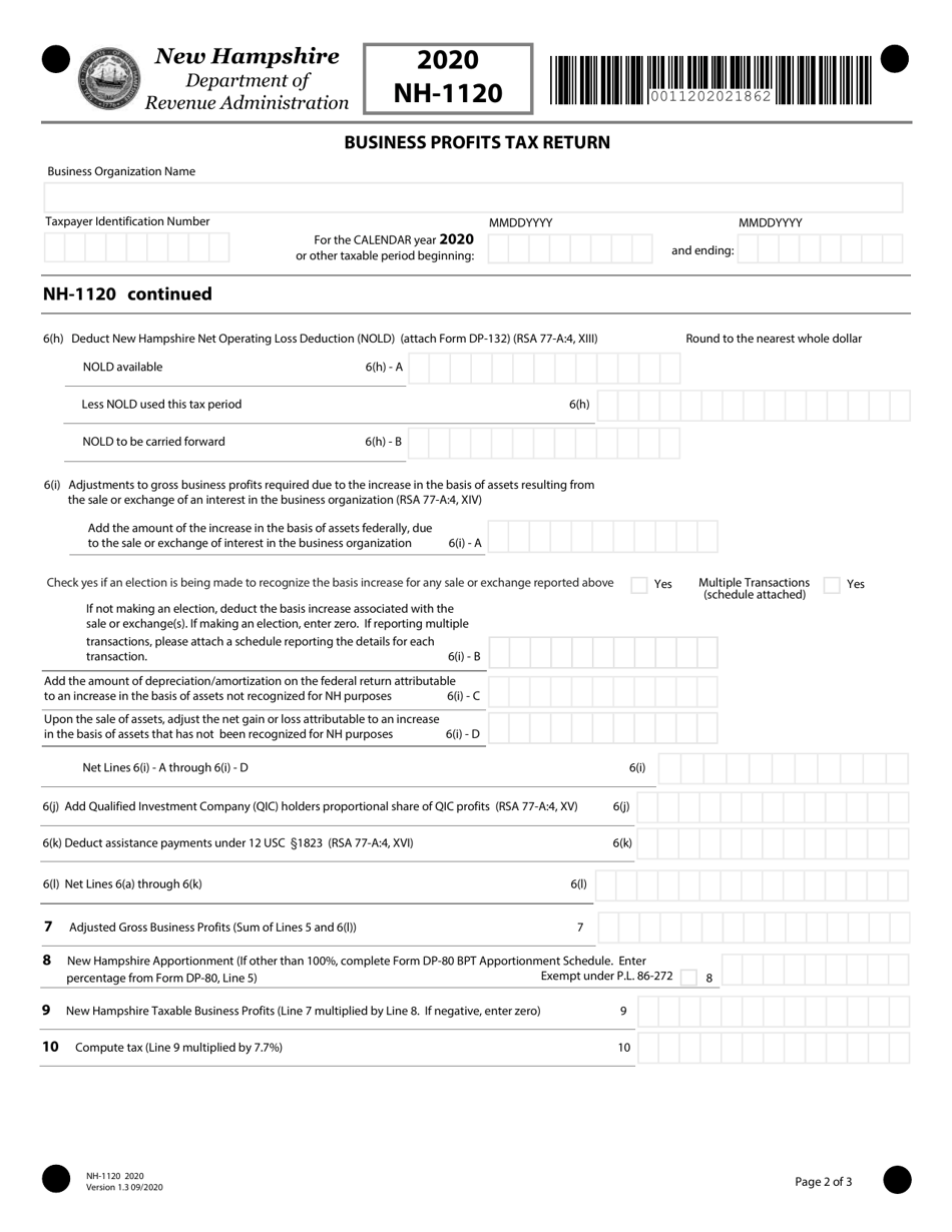 Form NH-1120 Business Profits Tax Return - New Hampshire, Page 2