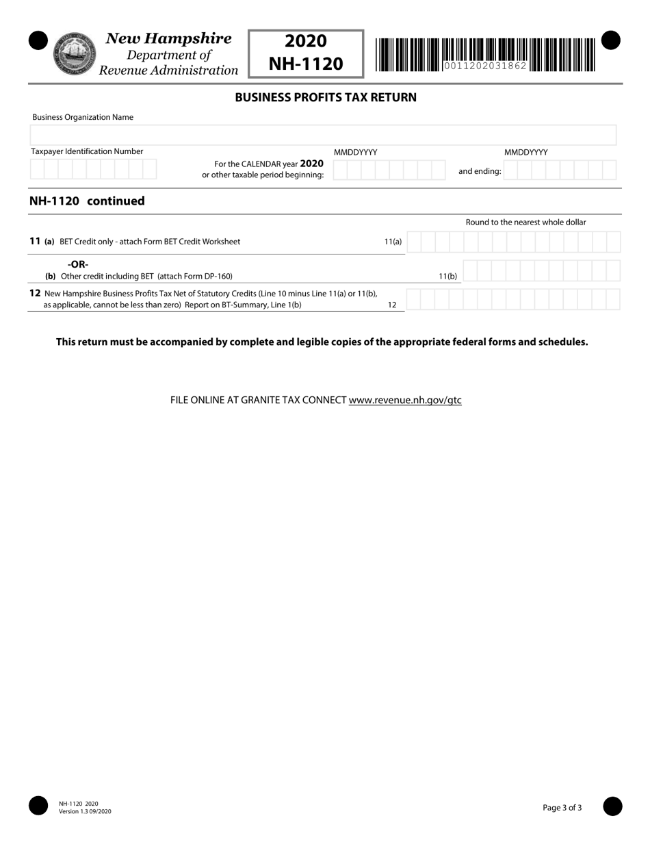 Form NH-1120 Business Profits Tax Return - New Hampshire, Page 3