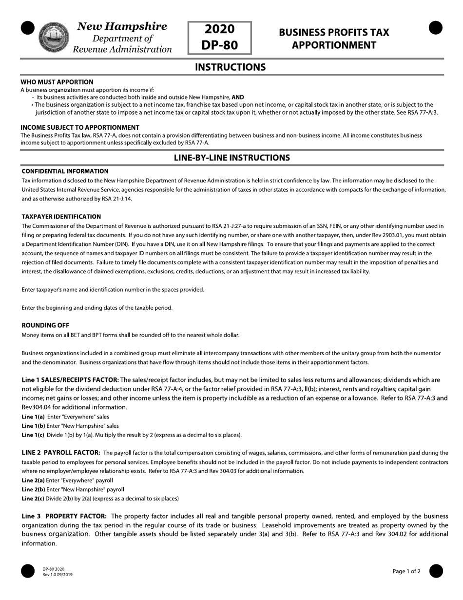 Instructions for Form DP-80 Business Profits Tax Return - Business Profits Tax Apportionment - New Hampshire, Page 1