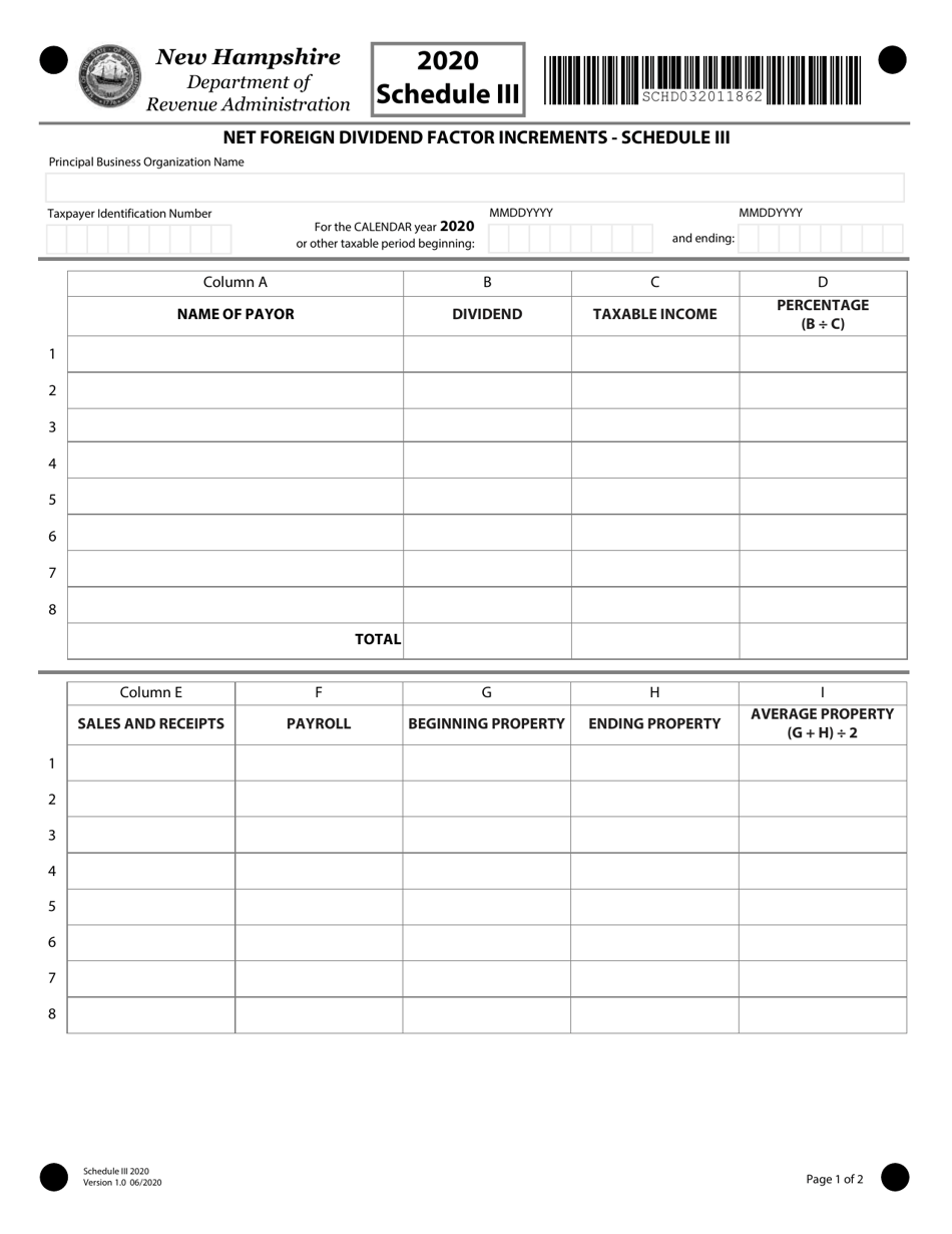 Schedule III Net Foreign Dividend Factor Increments - New Hampshire, Page 1