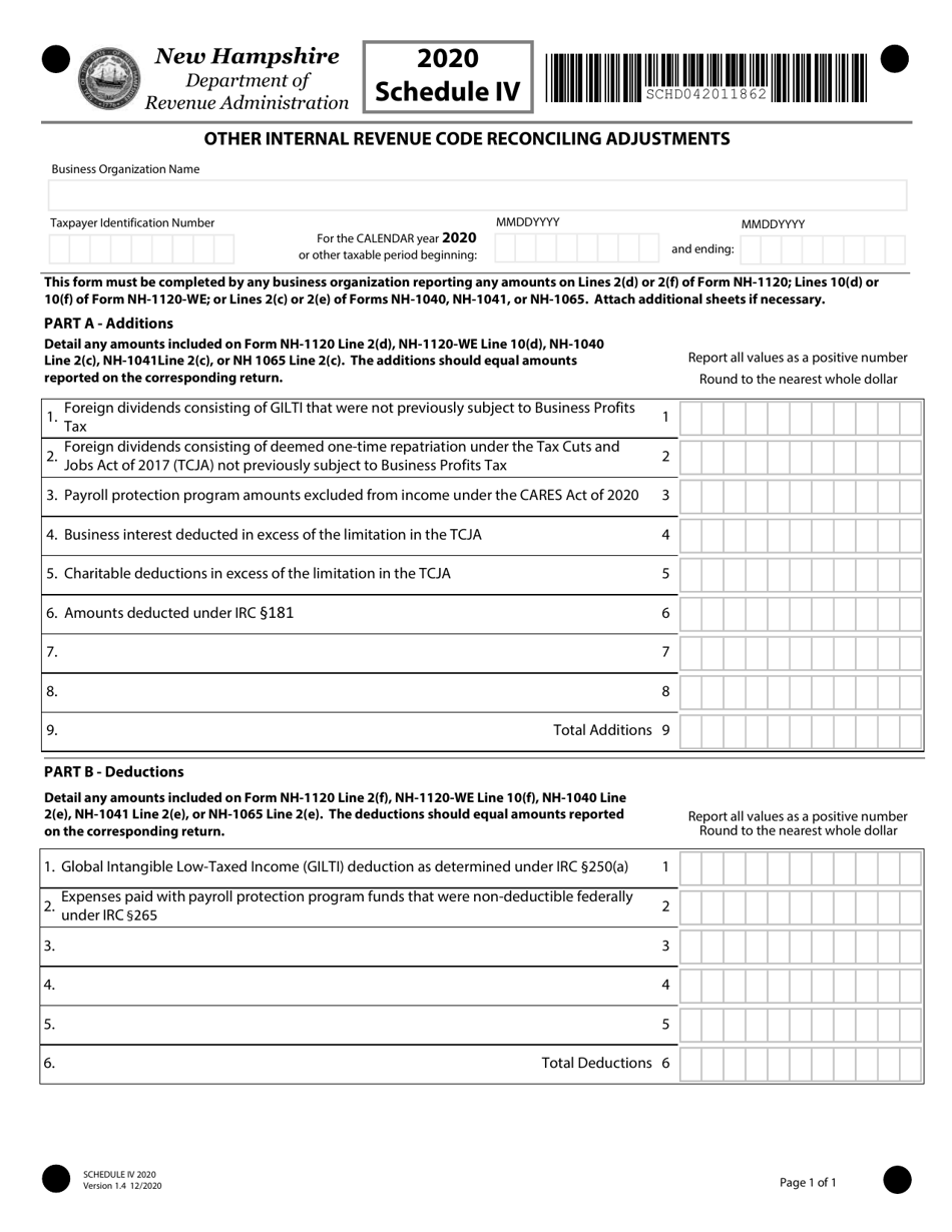 Schedule IV Other Internal Revenue Code Reconciling Adjustments - New Hampshire, Page 1