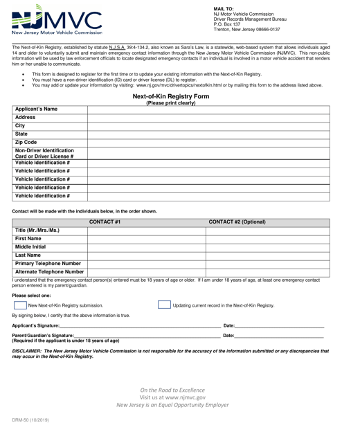 Form DRM-50 Next-Of-Kin Registry Form - New Jersey