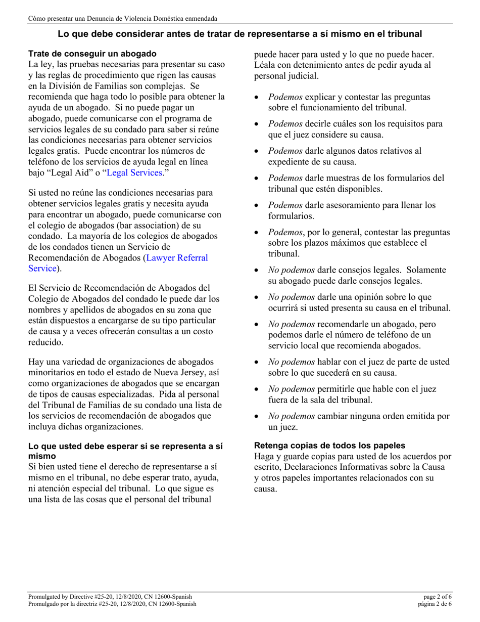 Form 12600 Application to Amend Domestic Violence Complaint - New Jersey (English / Spanish), Page 2