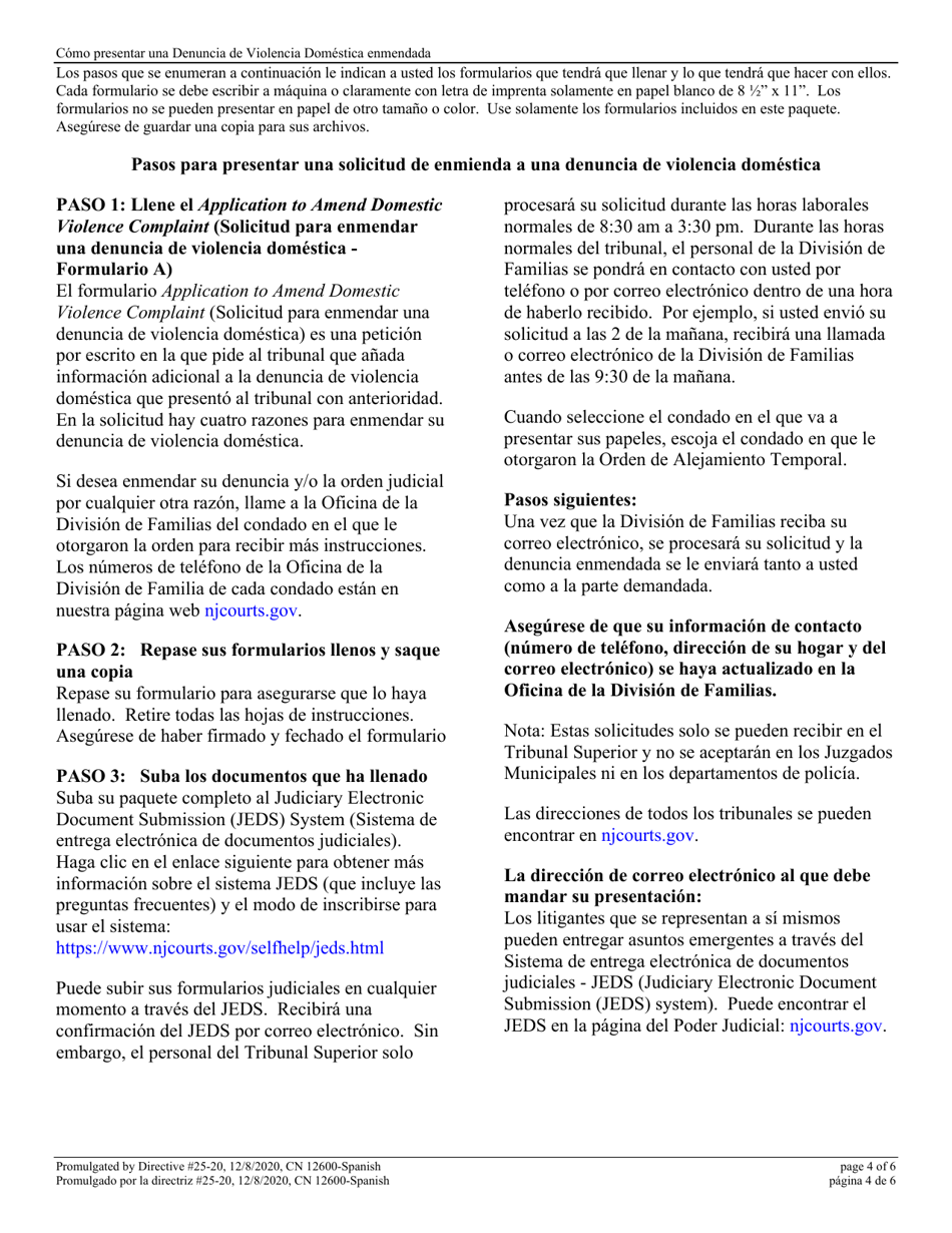 Form 12600 Application to Amend Domestic Violence Complaint - New Jersey (English / Spanish), Page 4