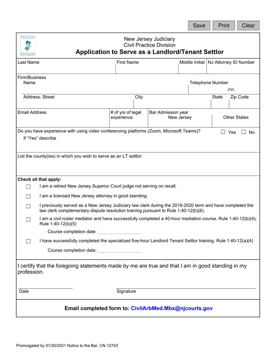 Form 12743 Application to Serve as a Landlord / Tenant Settlor - New Jersey, Page 1
