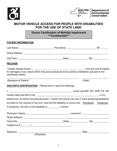 Motor Vehicle Access for People With Disabilities for the Use of State Land Doctor Certification of Mobility Impairment - New York Download Pdf