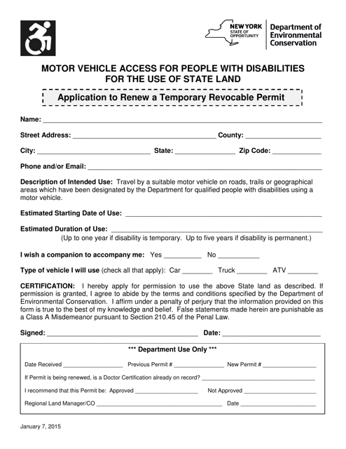 Motor Vehicle Access for People With Disabilities for the Use of State Land Application to Renew a Temporary Revocable Permit - New York Download Pdf
