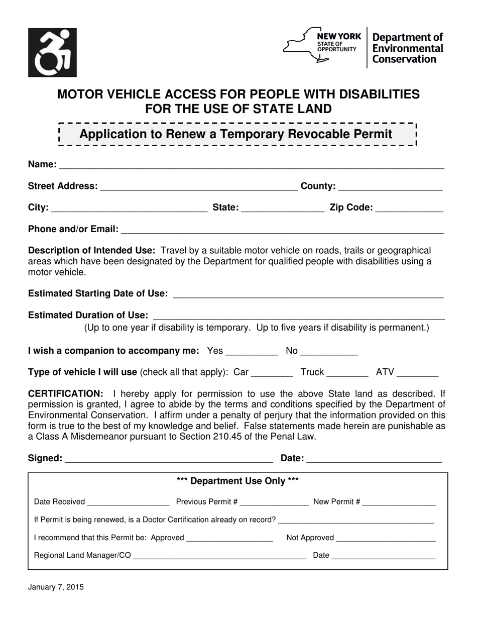 Motor Vehicle Access for People With Disabilities for the Use of State Land Application to Renew a Temporary Revocable Permit - New York, Page 1