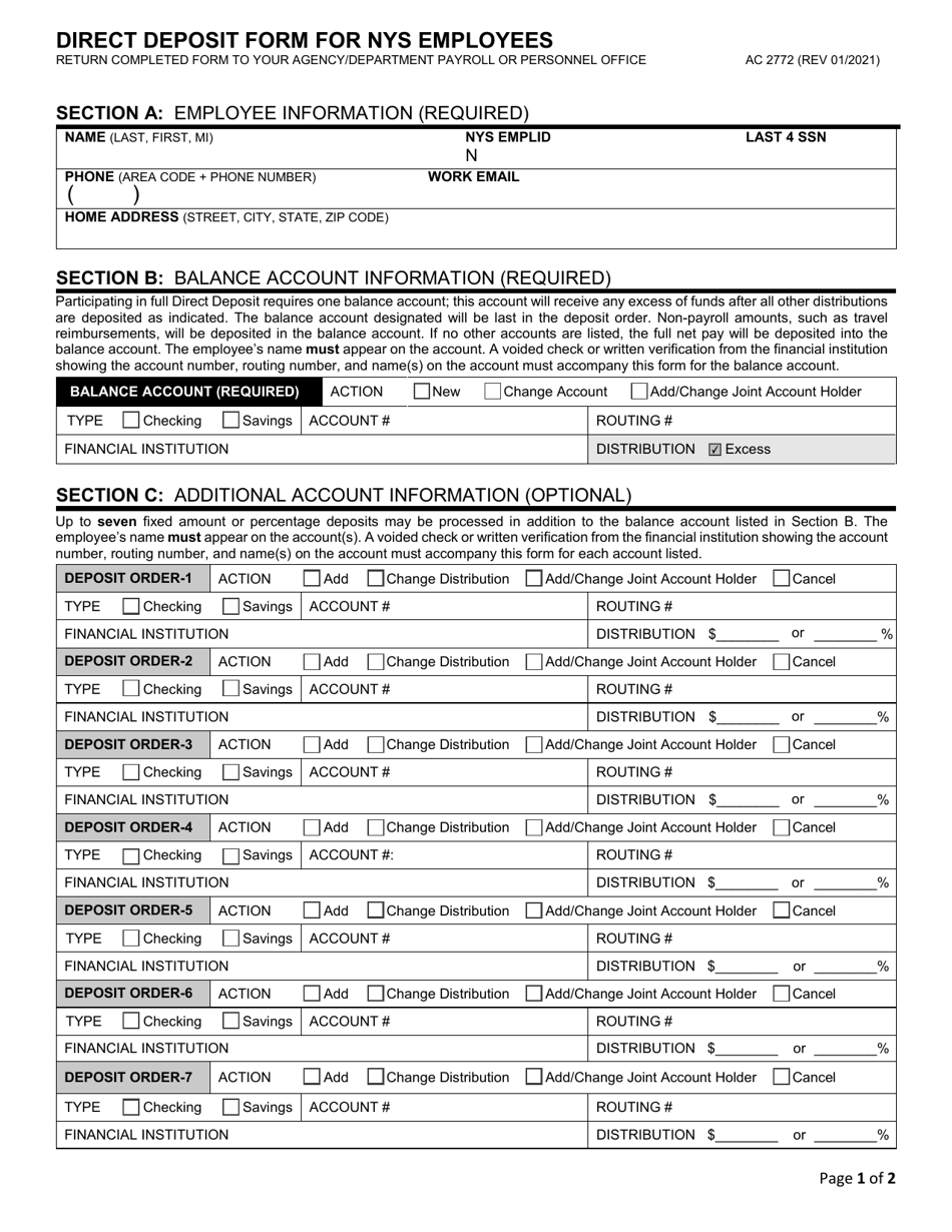 Form AC2772 Download Fillable PDF or Fill Online Direct Deposit Form for NYS Employees New York