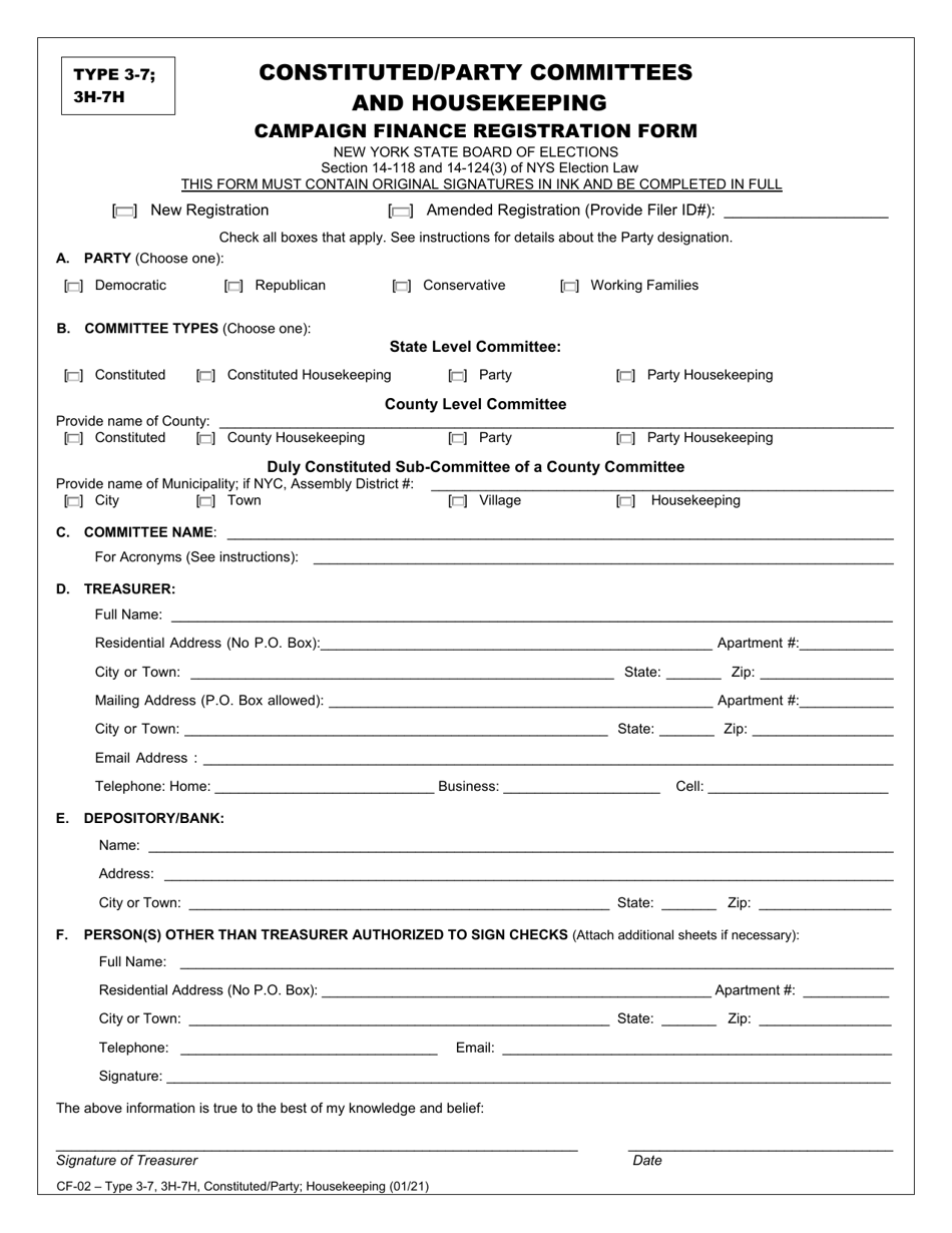 Form CF-02 Type 3-7, 3H-7H Constituted / Party Committees and Housekeeping Campaign Finance Registration Form - New York, Page 1