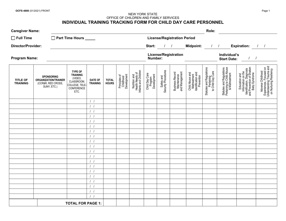 Form OCFS-4880 Individual Training Tracking Form for Child Day Care Personnel - New York, Page 1