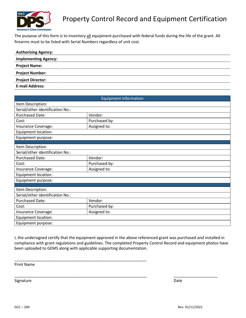 Form GCC-200 Property Control Record and Equipment Certification - North Carolina, Page 1