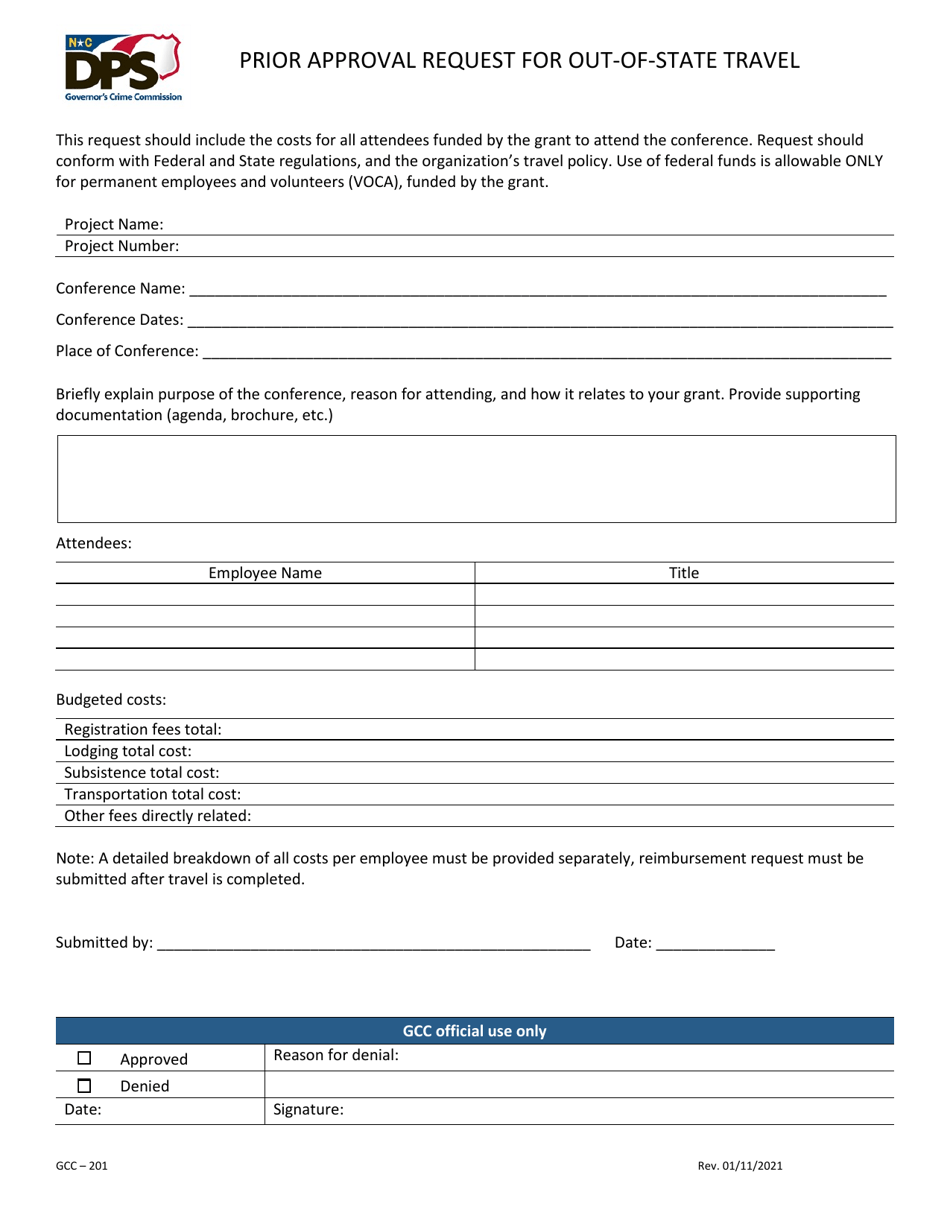 Form GCC-201 Prior Approval Request for Out-of-State Travel - North Carolina, Page 1