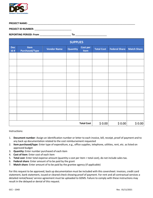 Form GCC-204D Expense Reimbursement Cover Page - Supplies - North Carolina
