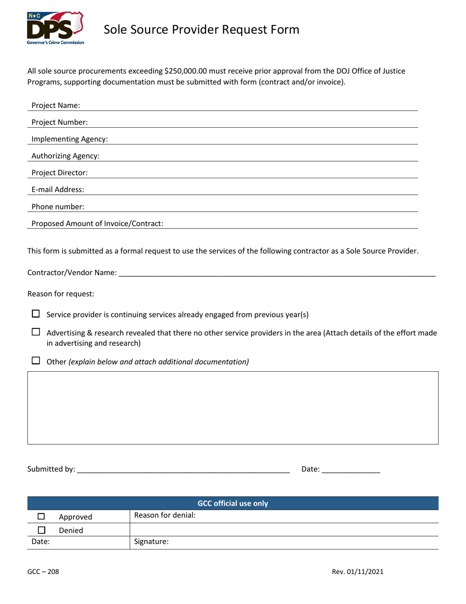 Form GCC-208 Sole Source Provider Request Form - North Carolina, Page 1