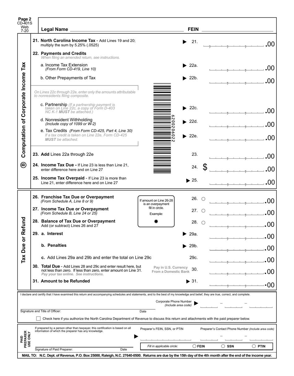 Form CD-401S S-Corporation Tax Return - North Carolina, Page 3