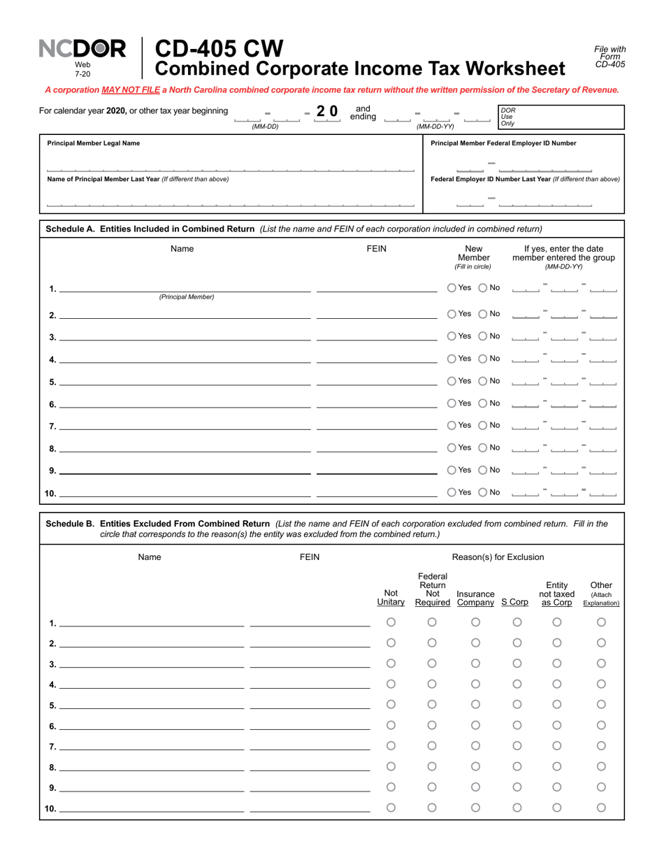 Form CD-405 CW Combined Corporate Income Tax Worksheet - North Carolina, Page 2