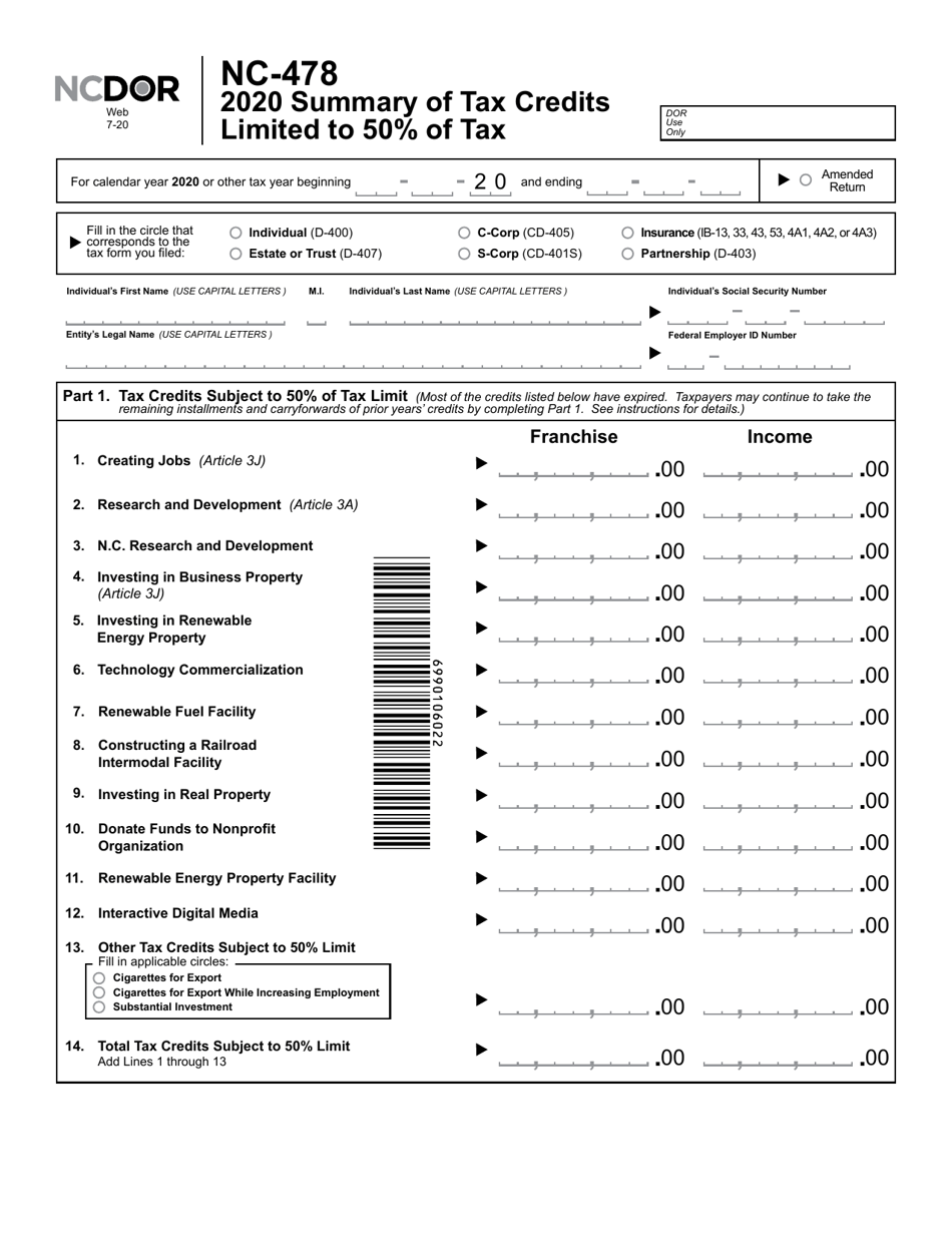 Form NC-478 Summary of Tax Credits Limited to 50% of Tax - North Carolina, Page 2