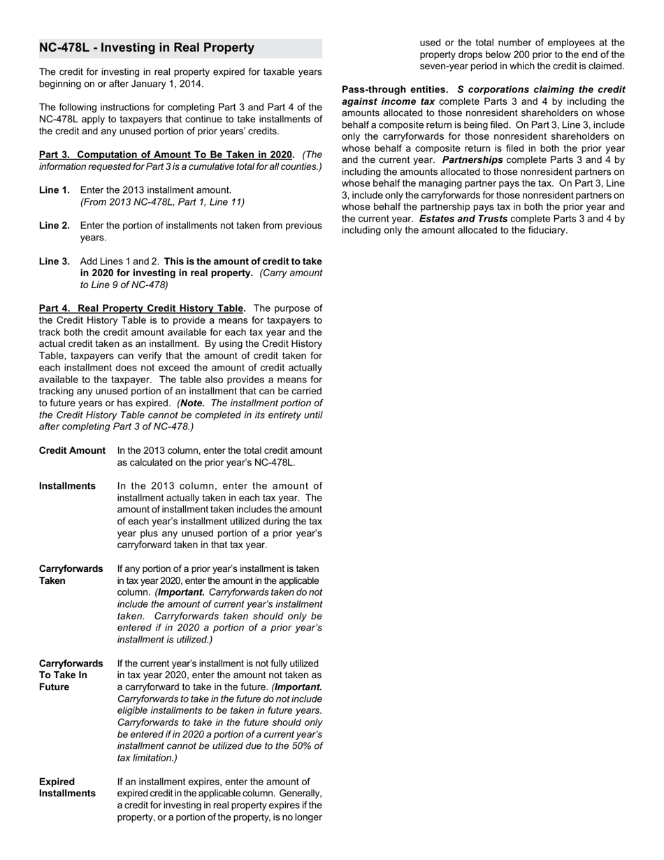 Instructions for Form NC-478L Tax Credit for Investing in Real Property - North Carolina, Page 1