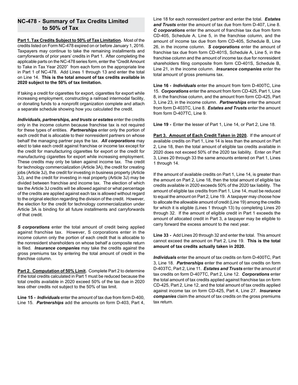 Instructions for Form NC-478 Summary of Tax Credits Limited to 50% of Tax - North Carolina, Page 1