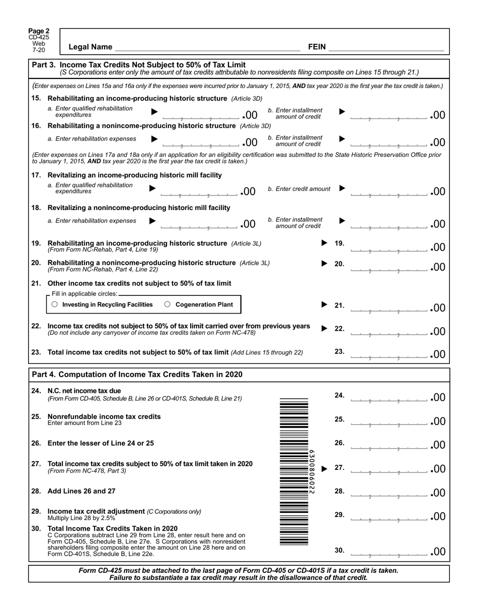 Form CD-425 Corporate Tax Credit Summary - North Carolina, Page 3