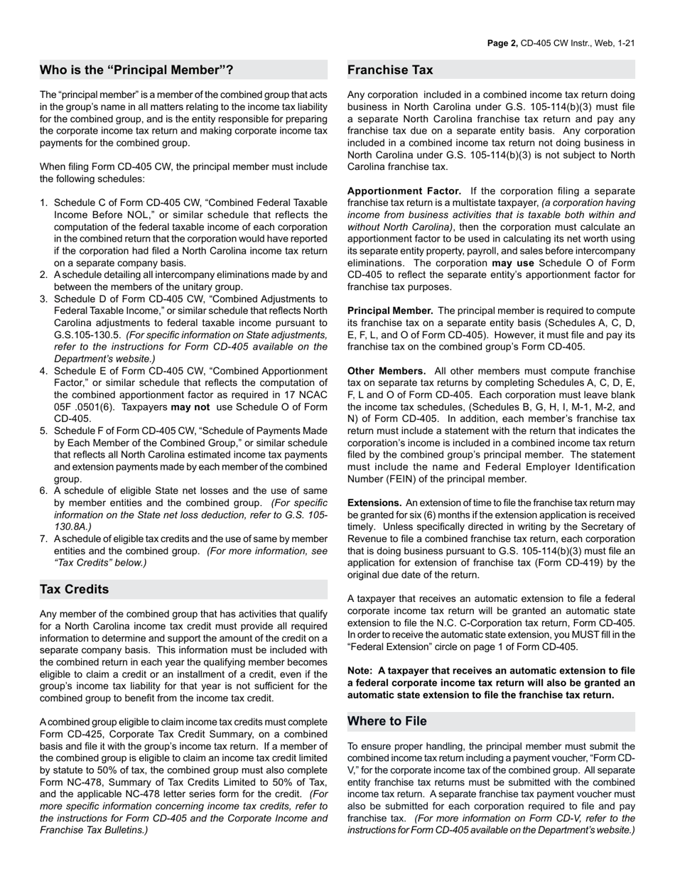 Instructions for Form CD-405 CW Combined Corporate Income Tax Worksheet - North Carolina, Page 2