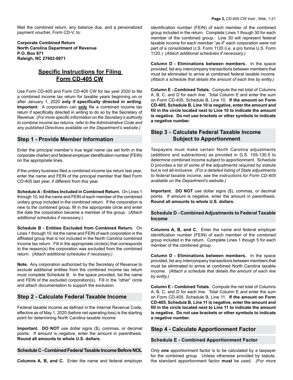 Instructions for Form CD-405 CW Combined Corporate Income Tax Worksheet - North Carolina, Page 3