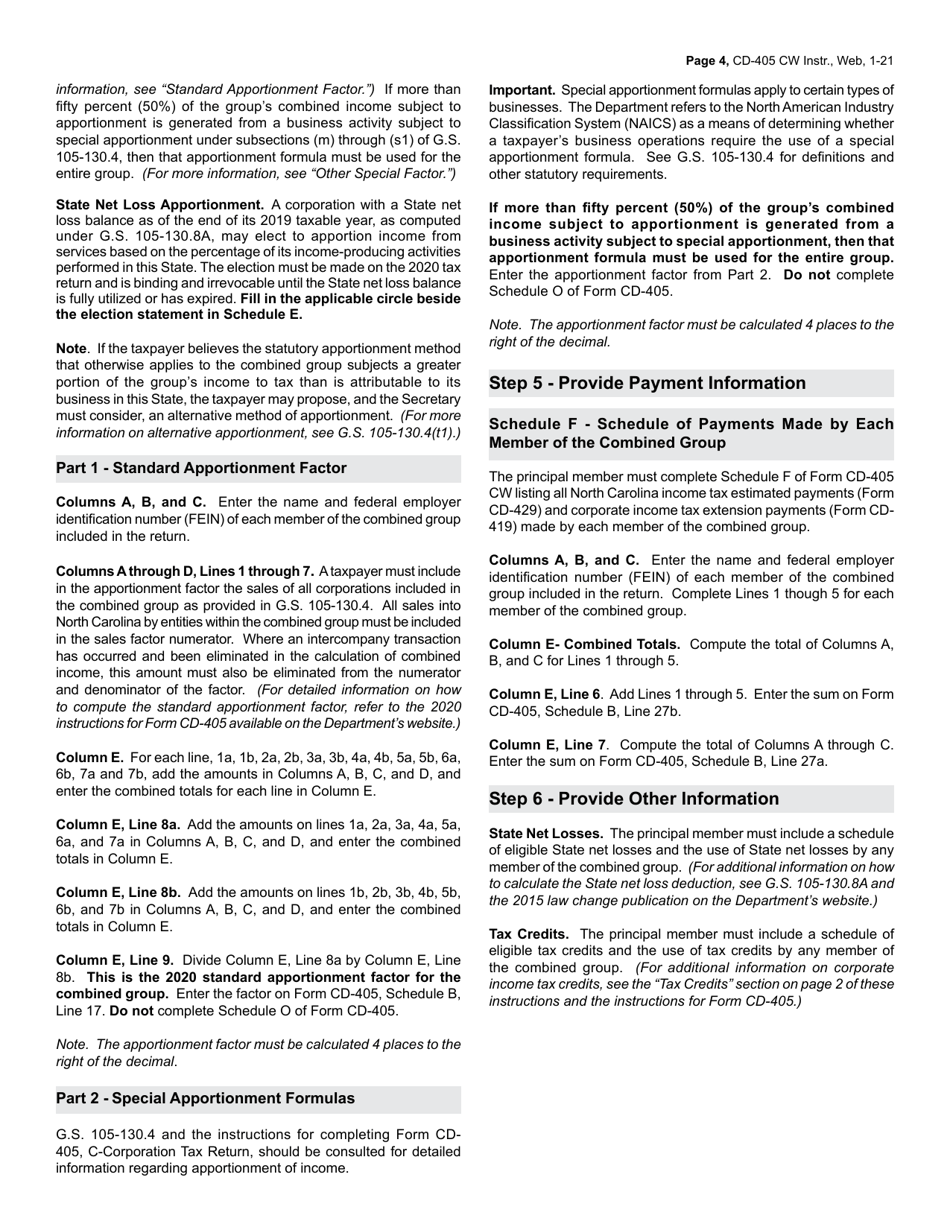 Instructions for Form CD-405 CW Combined Corporate Income Tax Worksheet - North Carolina, Page 4