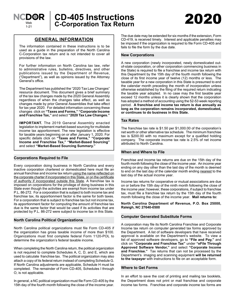 Instructions for Form CD-405 C-Corporation Tax Return - North Carolina, Page 1