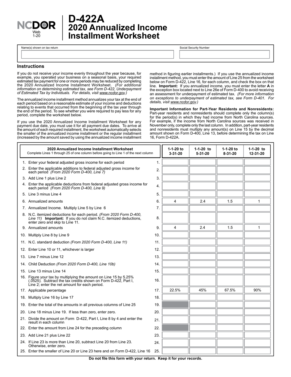 Form D 422a Download Printable Pdf Or Fill Online Annualized Income Installment Worksheet 2020 0098