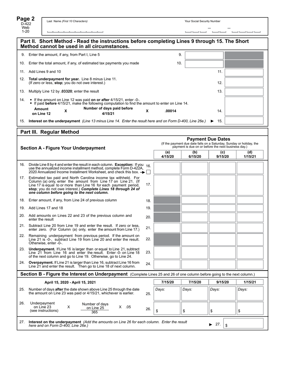 Form D-422 Underpayment of Estimated Tax by Individuals - North Carolina, Page 3
