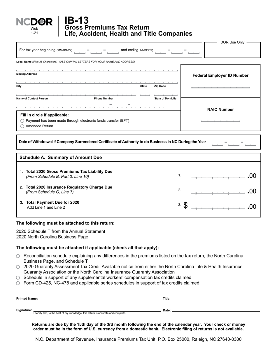 Form IB-13 Gross Premiums Tax Return - Life, Accident, Health and Title Companies - North Carolina, Page 2