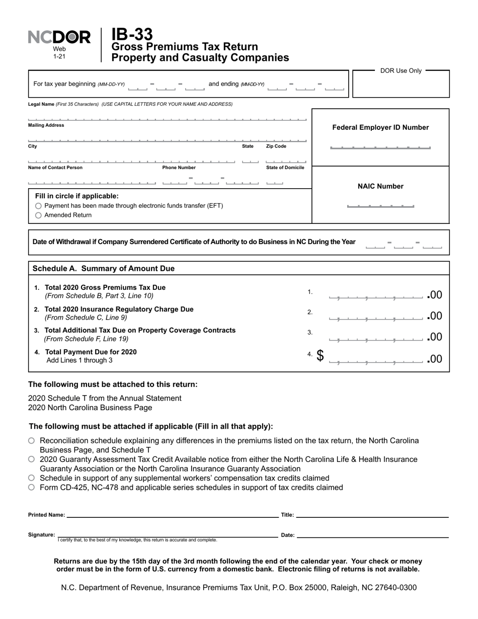 Form IB-33 Gross Premiums Tax Return - Property and Casualty Companies - North Carolina, Page 2