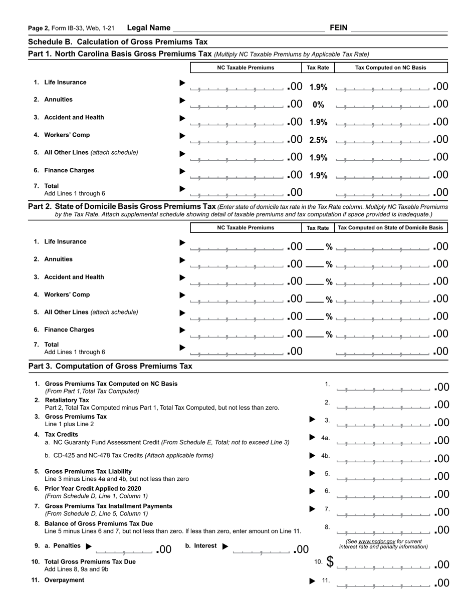 Form IB-33 Gross Premiums Tax Return - Property and Casualty Companies - North Carolina, Page 3