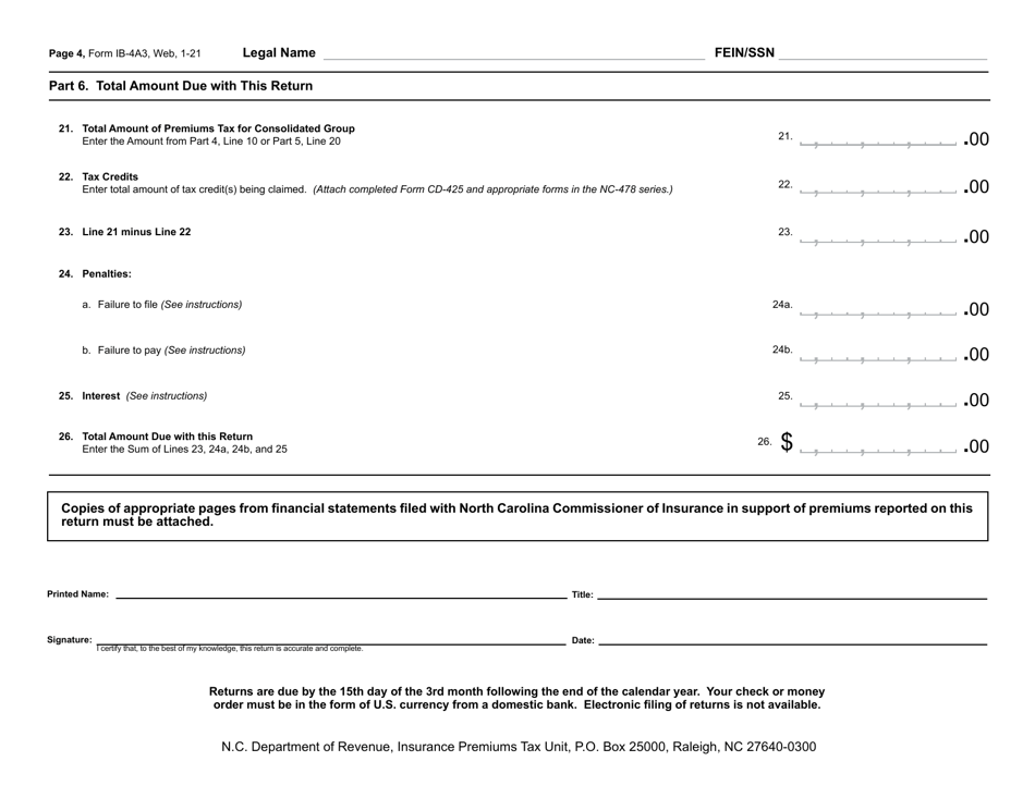 Form IB-4A3 Gross Premiums Tax Return Captive Insurance Companies - North Carolina, Page 5