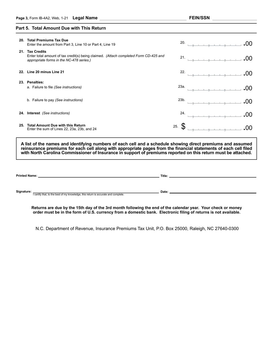 Form IB-4A2 Gross Premiums Tax Return - Captive Insurance Companies - North Carolina, Page 4