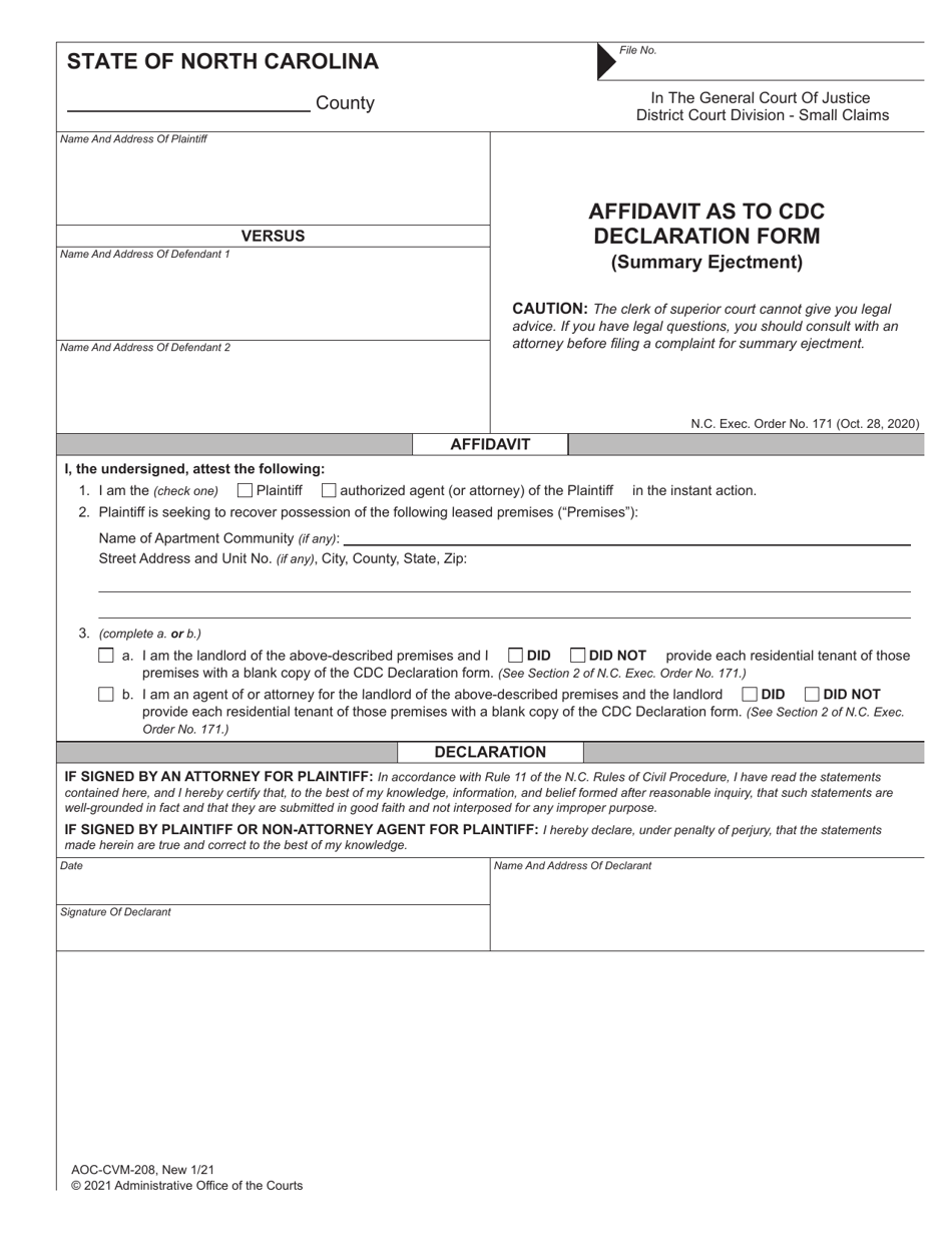 Form AOC-CVM-208 Affidavit as to CDC Declaration Form (Summary Ejectment) - North Carolina, Page 1
