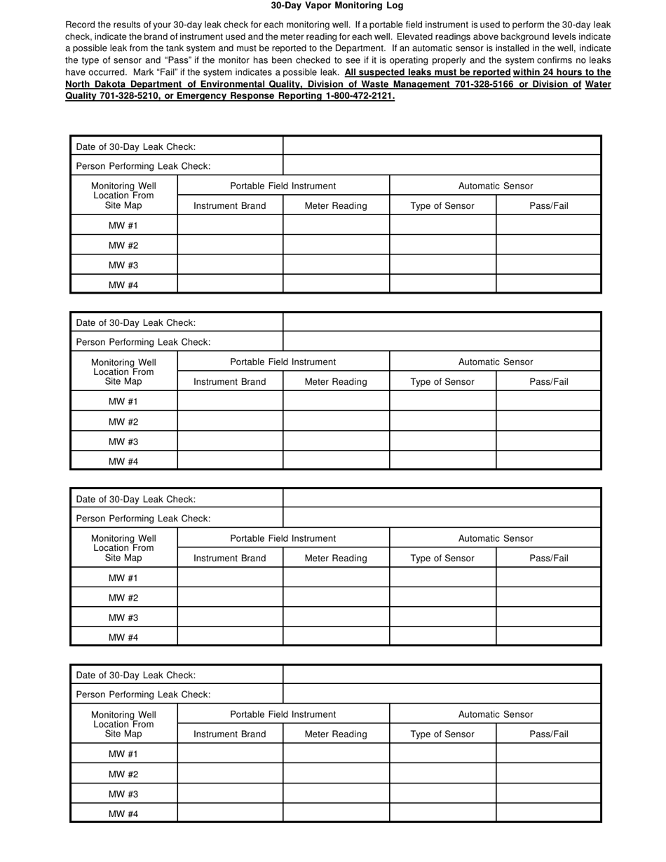 30-day Vapor Monitoring Log - North Dakota, Page 3
